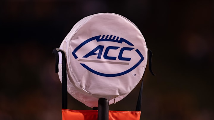 Sep 4, 2021; Charlottesville, Virginia, USA; A detailed view of the ACC logo on the down marker used during the game between William & Mary Tribe and the Virginia Cavaliers at Scott Stadium. Mandatory Credit: Scott Taetsch-USA TODAY Sports