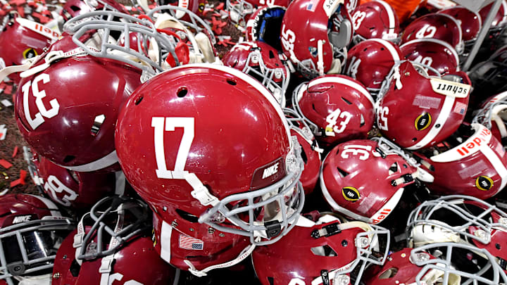 Jan 8, 2018; Atlanta, GA, USA; A view of the helmet of Alabama Crimson Tide after they beat the Georgia Bulldogs in the 2018 CFP national championship college football game at Mercedes-Benz Stadium. Mandatory Credit: John David Mercer-Imagn Images
