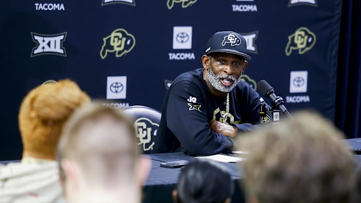 Apr 4, 2025; Boulder, CO, USA; Colorado Buffaloes head coach Deion Sanders speaks to the media at the University of Colorado NFL Showcase at the CU Indoor Practice Facility. Mandatory Credit: Michael Ciaglo-Imagn Images Apr 4, 2025; Boulder, CO, USA; Colorado Buffaloes head coach Deion Sanders speaks to the media at the University of Colorado NFL Showcase at the CU Indoor Practice Facility. Mandatory Credit: Michael Ciaglo-Imagn Images