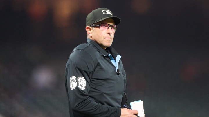 Home plate umpire Chris Guccione (68) before the start of the eighth inning between the San Francisco Giants and the Washington Nationals at Oracle Park on April 8.