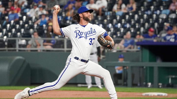 Kansas City Royals relief pitcher Jackson Kowar (37) delivers a pitch against the Chicago White Sox in the ninth inning at Kauffman Stadium in 2023.