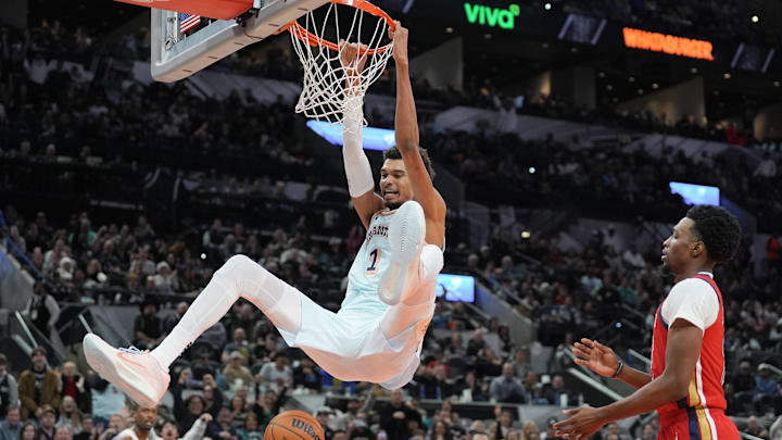 Dec 8, 2024; San Antonio, Texas, USA; San Antonio Spurs center Victor Wembanyama (1) dunks in the second half against the New Orleans Pelicans at Frost Bank Center. Mandatory Credit: Daniel Dunn-Imagn Images Dec 8, 2024; San Antonio, Texas, USA; San Antonio Spurs center Victor Wembanyama (1) dunks in the second half against the New Orleans Pelicans at Frost Bank Center. Mandatory Credit: Daniel Dunn-Imagn Images