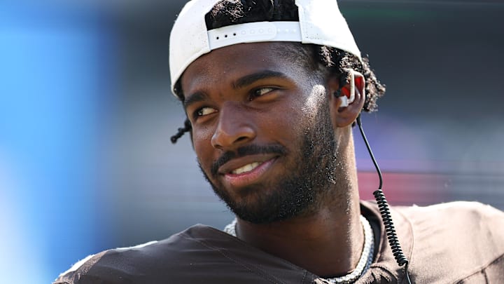 Aug 16, 2025; Philadelphia, Pennsylvania, USA; Cleveland Browns quarterback Shedeur Sanders looks on during the third quarter against the Philadelphia Eagles at Lincoln Financial Field.