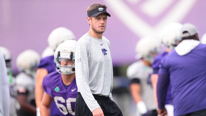 Kansas State coach Collin Klein watches players during practice at Kansas State University on Aug. 18, 2026.