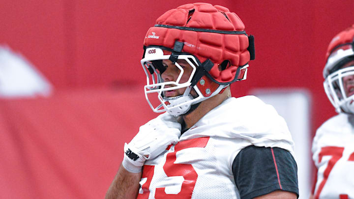 Arkansas Razorbacks offensive lineman Fernando Carmona during drills at spring practice at the indoor practice facility in Fayetteville, Ark.