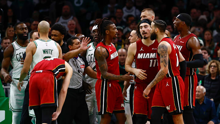 The scuffle between the Celtics and the Heat after Tatum fell to the hardwood. 