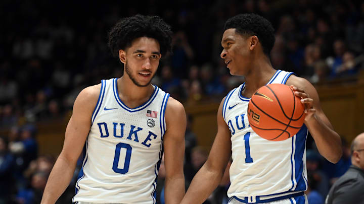 Feb 7, 2024; Durham, North Carolina, USA;  Duke Blue Devils guard Jared McCain (0) and guard Caleb
