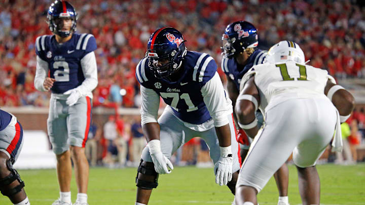 Sep 16, 2023; Oxford, Mississippi, USA; Mississippi Rebels offensive linemen Jayden Williams (71) lines up prior to the snap during the first half against the Georgia Tech Yellow Jackets at Vaught-Hemingway Stadium. Mandatory Credit: Petre Thomas-Imagn Images