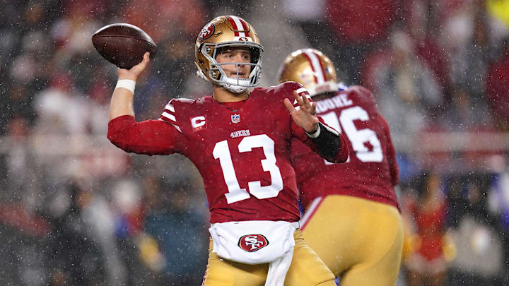 Dec 12, 2024; Santa Clara, California, USA; San Francisco 49ers quarterback Brock Purdy (13) throws a pass against the Los Angeles Rams in the second quarter at Levi's Stadium. Mandatory Credit: Cary Edmondson-Imagn Images