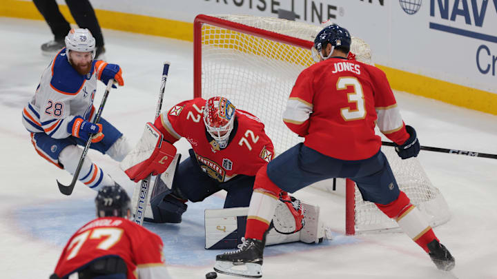 Jun 12, 2025; Sunrise, Florida, USA; Florida Panthers goaltender Sergei Bobrovsky (72) and defenseman Seth Jones (3) defend against Edmonton Oilers right wing Connor Brown (28) during the third period in game four of the 2025 Stanley Cup Final at Amerant Bank Arena.
