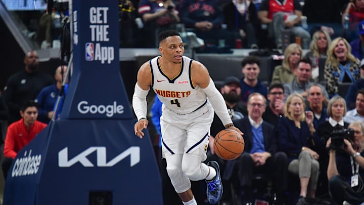 Apr 24, 2025; Inglewood, California, USA; Denver Nuggets guard Russell Westbrook (4) moves the ball up court against the Los Angeles Clippers during the first half of game three in the first round for the 2024 NBA Playoffs at Intuit Dome. Mandatory Credit: Gary A. Vasquez-Imagn Images