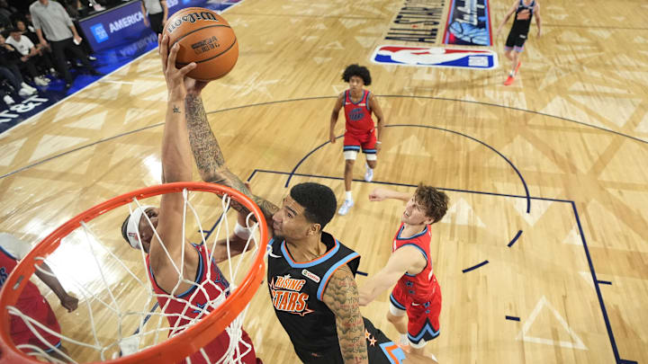Feb 13, 2026; Inglewood, California, USA; Team T-Mac frontcourt Kel'el Ware (7) of the Miami Heat shoots against Team Vince frontcourt Carter Bryant (11) of the San Antonio Spurs during an NBA All Star Rising Stars game at Intuit Dome. Mandatory Credit: Mark J. Terrill/Pool Photo via Imagn Images Feb 13, 2026; Inglewood, California, USA; Team T-Mac frontcourt Kel'el Ware (7) of the Miami Heat shoots against Team Vince frontcourt Carter Bryant (11) of the San Antonio Spurs during an NBA All Star Rising Stars game at Intuit Dome. Mandatory Credit: Mark J. Terrill/Pool Photo via Imagn Images
