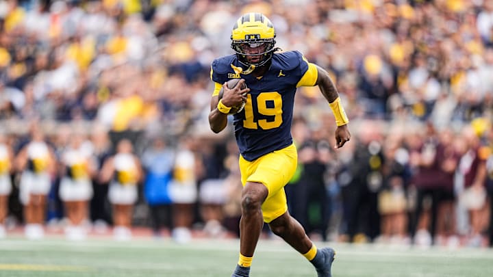 Michigan quarterback Bryce Underwood (19) runs against Central Michigan during the first half at Michigan Stadium in Ann Arbor on Saturday, Sept. 13, 2025.