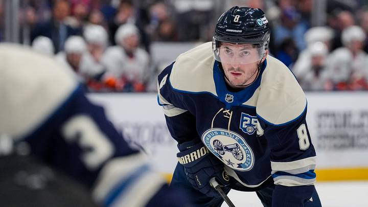 Feb 28, 2026; Columbus, Ohio, USA;  Columbus Blue Jackets defenseman Zach Werenski (8) awaits the face-off against the New York Islanders in the second period at Nationwide Arena. Mandatory Credit: Aaron Doster-Imagn Images