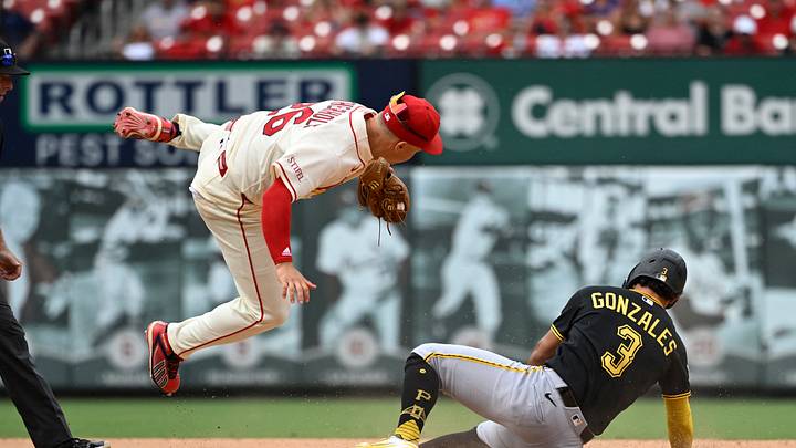 Aug 29, 2026; St. Louis, Missouri, USA; Pittsburgh Pirates designated hitter Nick Gonzales (3) is tagged out stealing second base by St. Louis Cardinals shortstop JJ Wetherholt (26) in the seventh inning at Busch Stadium. Mandatory Credit: Joe Puetz-Imagn Images Aug 29, 2026; St. Louis, Missouri, USA; Pittsburgh Pirates designated hitter Nick Gonzales (3) is tagged out stealing second base by St. Louis Cardinals shortstop JJ Wetherholt (26) in the seventh inning at Busch Stadium. Mandatory Credit: Joe Puetz-Imagn Images