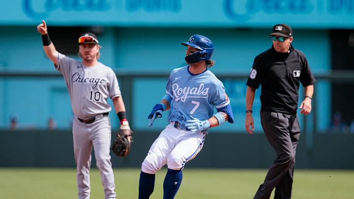 Sep 24, 2026; Kansas City, Missouri, USA;  Kansas City Royals shortstop Bobby Witt Jr. (7) at second base after hitting a double during the first inning against the Chicago White Sox at Kauffman Stadium.  Mandatory Credit: William Purnell-Imagn Images