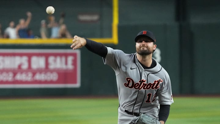 Mar 31, 2026; Phoenix, Arizona, USA; Detroit Tigers starting pitcher Casey Mize (12) throws against the Arizona Diamondbacks in the first inning at Chase Field. Mandatory Credit: Rick Scuteri-Imagn Images