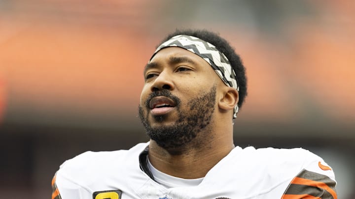 Dec 15, 2024; Cleveland, Ohio, USA; Cleveland Browns defensive end Myles Garrett (95) during warm ups before the game against the Kansas City Chiefs at Huntington Bank Field. Mandatory Credit: Scott Galvin-Imagn Images