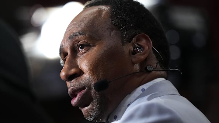 Jun 9, 2023; Miami, Florida, USA; Sports television personality Stephen A. Smith speaks before game four of the 2023 NBA Finals between the Miami Heat and the Denver Nuggets at Kaseya Center. Mandatory Credit: Rich Storry-Imagn Images