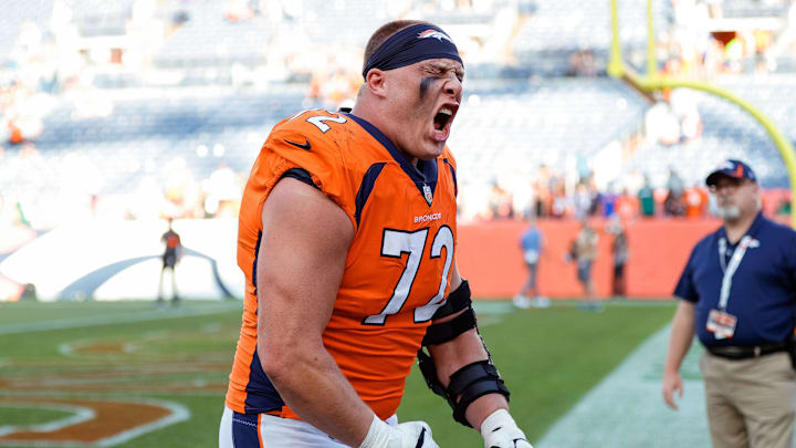 Sep 26, 2021; Denver, Colorado, USA; Denver Broncos offensive tackle Garett Bolles (72) reacts after the game against the New York Jets at Empower Field at Mile High. Mandatory Credit: Isaiah J. Downing-Imagn Images