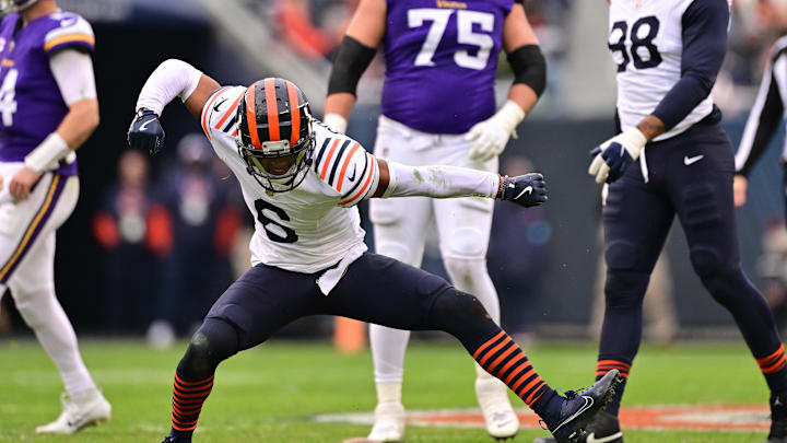 Nov 24, 2024; Chicago, Illinois, USA; Chicago Bears cornerback Kyler Gordon (6) celebrates a defensive stop on 4th down against the Minnesota Vikings during the fourth quarter at Soldier Field. Mandatory Credit: Daniel Bartel-Imagn Images
