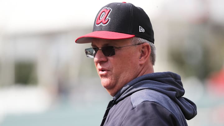 Atlanta Braves hitting coach Kevin Seitzer (28) works out prior to the game at Champion Stadium in 2019.