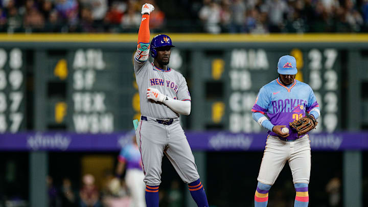 Jun 6, 2025; Denver, Colorado, USA; New York Mets shortstop Ronny Mauricio (10) reacts from second on a double in the eighth inning against the Colorado Rockies at Coors Field. Mandatory Credit: Isaiah J. Downing-Imagn Images