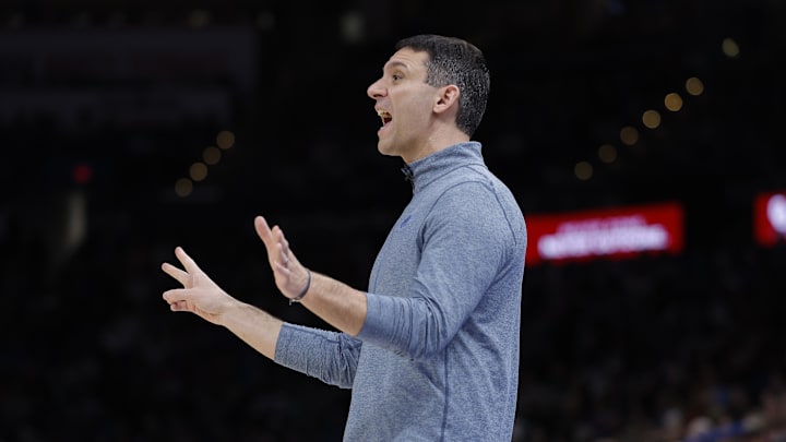 Mar 12, 2026; Oklahoma City, Oklahoma, USA; Oklahoma City Thunder Head Coach Mark Daigneault yells to his team during a play against the Boston Celtics during the fourth quarter at Paycom Center.