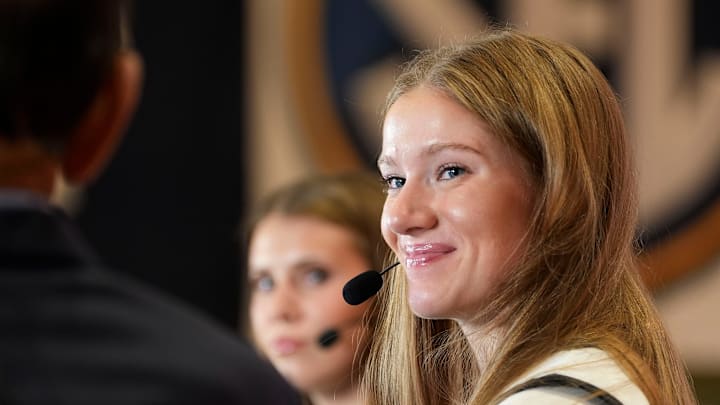 Missouri player Grace Slaughter smiles during an interview with Paul Finebaum during SEC Media Day at the Grand Bohemian Hotel in Mountain Brook Tuesday, Oct. 16, 2024.