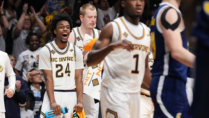 UC Irvine Anteaters guard Jurian Dixon (24) yells one excitement Thursday, April 3, 2025, during the National Invitational Tournament at Hinkle Fieldhouse in Indianapolis.