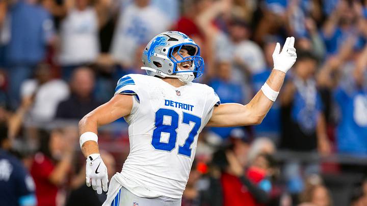 Oct 11, 2026; Glendale, Arizona, USA;  Detroit Lions tight end Sam LaPorta (87) celebrates a touchdown against the Arizona Cardinals at State Farm Stadium.  Mandatory Credit: Mark J. Rebilas-Imagn Images