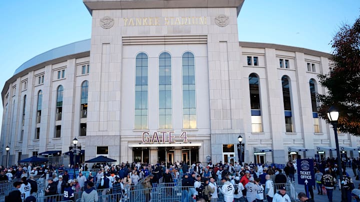 Yankee fans get ready to enter the stadium before Game 3, Monday, October 28, 2024, in the Bronx.