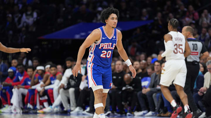 Nov 13, 2024; Philadelphia, Pennsylvania, USA; Philadelphia 76ers guard Jared McCain (20) in action against the Cleveland Cavaliers in the first quarter at Wells Fargo Center. Mandatory Credit: Kyle Ross-Imagn Images