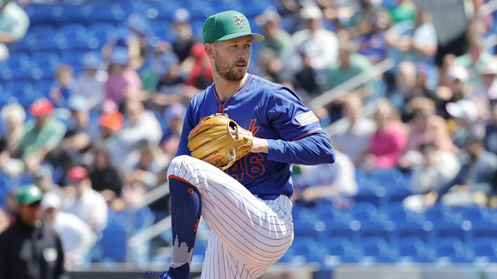 Mar 17, 2025; Port St. Lucie, Florida, USA;  New York Mets pitcher Griffin Canning (46) throws a pitch during the first inning against the Tampa Bay Rays at Clover Park. Mandatory Credit: Reinhold Matay-Imagn Images

