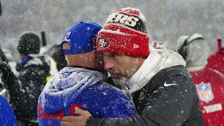 Dec 1, 2024; Orchard Park, New York, USA; San Francisco 49ers head coach Kyle Shanahan congratulates Buffalo Bills head coach Sean McDermott after the game at Highmark Stadium. Mandatory Credit: Gregory Fisher-Imagn Images Dec 1, 2024; Orchard Park, New York, USA; San Francisco 49ers head coach Kyle Shanahan congratulates Buffalo Bills head coach Sean McDermott after the game at Highmark Stadium. Mandatory Credit: Gregory Fisher-Imagn Images