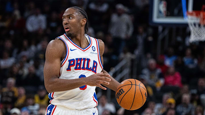 Jan 18, 2025; Indianapolis, Indiana, USA; Philadelphia 76ers guard Tyrese Maxey (0) dribbles the ball  in the second half against the Indiana Pacers at Gainbridge Fieldhouse. Mandatory Credit: Trevor Ruszkowski-Imagn Images
