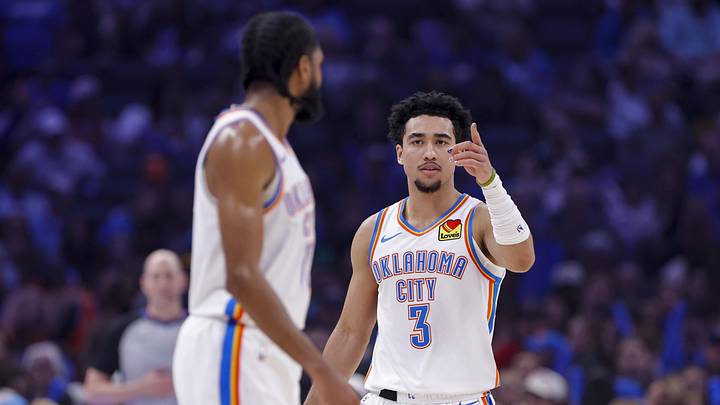 Feb 7, 2026; Oklahoma City, Oklahoma, USA; Oklahoma City Thunder guard Jared McCain (3) talks with guard Isaiah Joe (11) before a play against the Houston Rockets during the first half at Paycom Center. Mandatory Credit: Alonzo Adams-Imagn Images Feb 7, 2026; Oklahoma City, Oklahoma, USA; Oklahoma City Thunder guard Jared McCain (3) talks with guard Isaiah Joe (11) before a play against the Houston Rockets during the first half at Paycom Center. Mandatory Credit: Alonzo Adams-Imagn Images