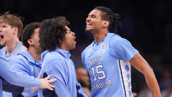 Dec 20, 2025; Atlanta, Georgia, USA; North Carolina Tar Heels forward Jarin Stevenson (15) shows emotion against the Ohio State Buckeyes in the second half at State Farm Arena. Mandatory Credit: Brett Davis-Imagn Images
