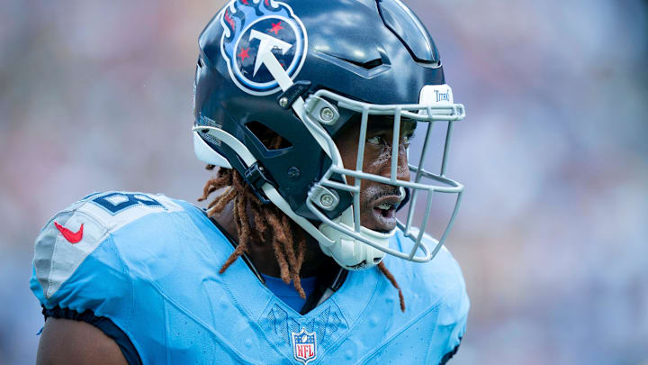 Tennessee Titans cornerback L'Jarius Sneed (38) heads off the field after a goal-line stop against the p/ during their game at Nissan Stadium in Nashville, Tenn., Sunday, Sept. 22, 2024.