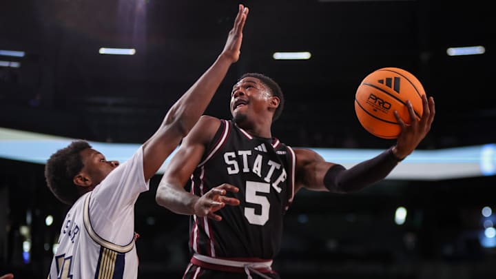 Mississippi State Bulldogs guard Shawn Jones Jr. (5) shoots over Georgia Tech Yellow Jackets forward Kowacie Reeves Jr. (14) in the first half at McCamish Pavilion.