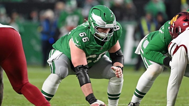 Jan 4, 2026; Philadelphia, Pennsylvania, USA; Philadelphia Eagles center Drew Kendall (66) prepares to snap the ball against the Washington Commanders at Lincoln Financial Field. Jan 4, 2026; Philadelphia, Pennsylvania, USA; Philadelphia Eagles center Drew Kendall (66) prepares to snap the ball against the Washington Commanders at Lincoln Financial Field.