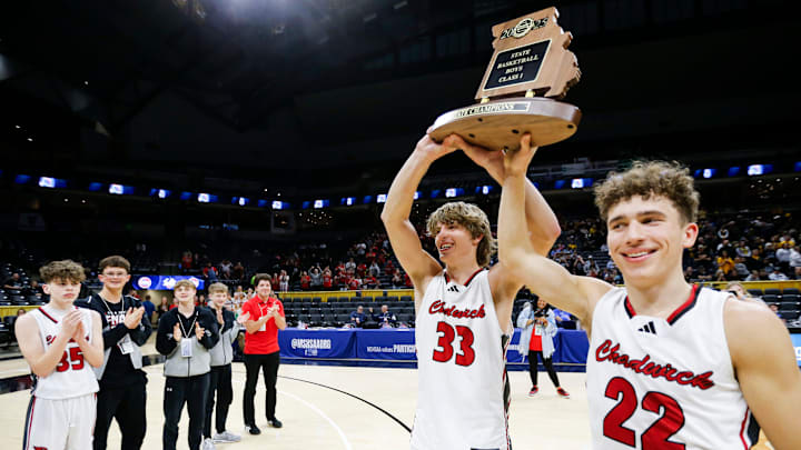 The Chadwick Cardinals celebrate after beating the St. Elizabeth Hornets to win the Class 1 state championship game at Mizzou Arena in Columbia, Mo. on Saturday, March 15, 2025.
