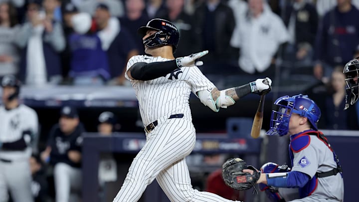 New York Yankees second baseman Gleyber Torres (25) hits a three-run home run during the eighth inning against the Los Angeles Dodgers in game four of the 2024 MLB World Series at Yankee Stadium on Oct 29.