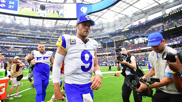 Sep 22, 2024; Inglewood, California, USA; Los Angeles Rams quarterback Matthew Stafford (9) reacts following the victory against the San Francisco 49ers at SoFi Stadium. Mandatory Credit: Gary A. Vasquez-Imagn Images