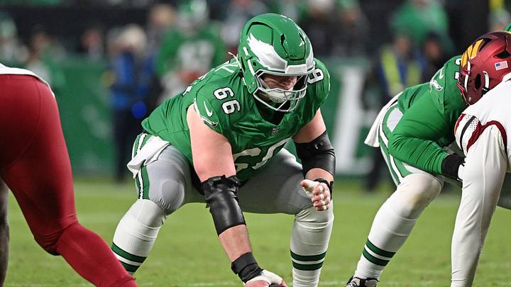 Jan 4, 2026; Philadelphia, Pennsylvania, USA; Philadelphia Eagles center Drew Kendall (66) prepares to snap the ball against the Washington Commanders at Lincoln Financial Field. 