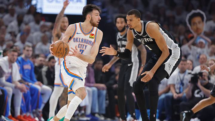 May 26, 2026; Oklahoma City, Oklahoma, USA; Oklahoma City Thunder center Chet Holmgren (7) looks to pass against San Antonio Spurs forward Victor Wembanyama (1) during the first quarter in game five of the western conference finals for the 2026 NBA playoffs at Paycom Center. Mandatory Credit: Alonzo Adams-Imagn Images May 26, 2026; Oklahoma City, Oklahoma, USA; Oklahoma City Thunder center Chet Holmgren (7) looks to pass against San Antonio Spurs forward Victor Wembanyama (1) during the first quarter in game five of the western conference finals for the 2026 NBA playoffs at Paycom Center. Mandatory Credit: Alonzo Adams-Imagn Images