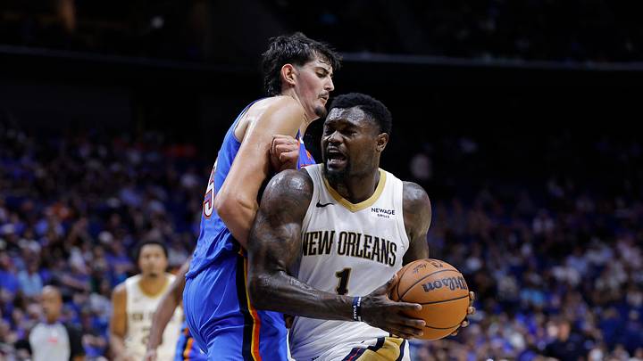 Oct 6, 2026; Tulsa, Oklahoma, USA; New Orleans Pelicans forward Zion Williamson (1) drives to the basket as Oklahoma City Thunder center Aday Mara (15) defends during the first half at BOK Center. Mandatory Credit: Alonzo Adams-Imagn Images