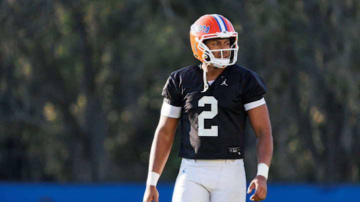 Florida Gators quarterback DJ Lagway (2) looks on during spring football practice at Heavener Football Complex at the University of Florida in Gainesville, FL on Thursday, March 6, 2025. [Matt Pendleton/Gainesville Sun]