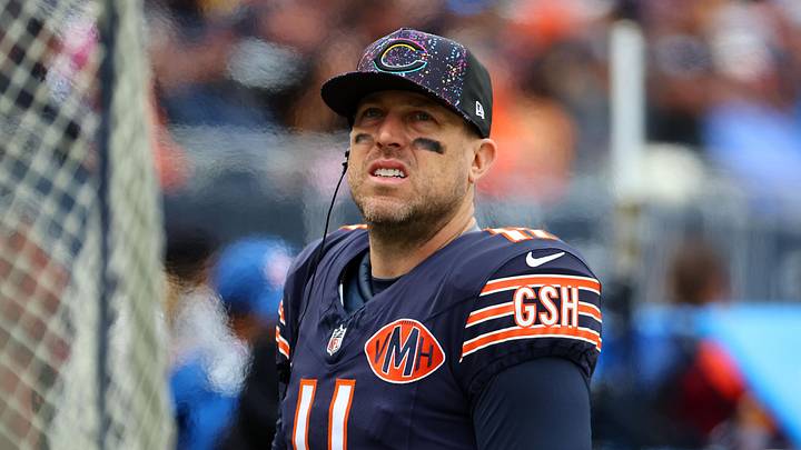 Oct 19, 2025; Chicago, Illinois, USA; Chicago Bears quarterback Case Keenum (11) during the second half against the New Orleans Saints at Soldier Field. Mandatory Credit: Mike Dinovo-Imagn Images