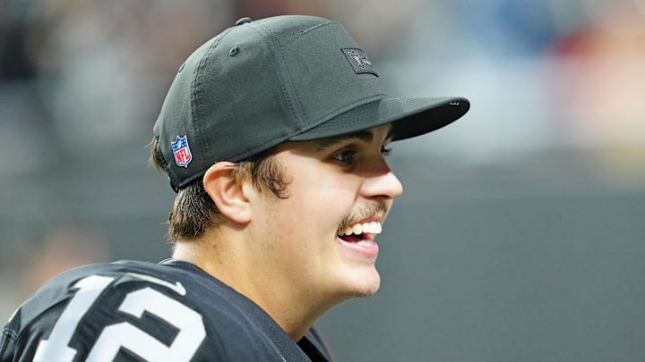 Jan 4, 2026; Paradise, Nevada, USA; Las Vegas Raiders quarterback Aidan O'Connell (12) walks off the field after the Raiders defeated the Kansas City Chiefs 14-12 at Allegiant Stadium. Mandatory Credit: Stephen R. Sylvanie-Imagn Images